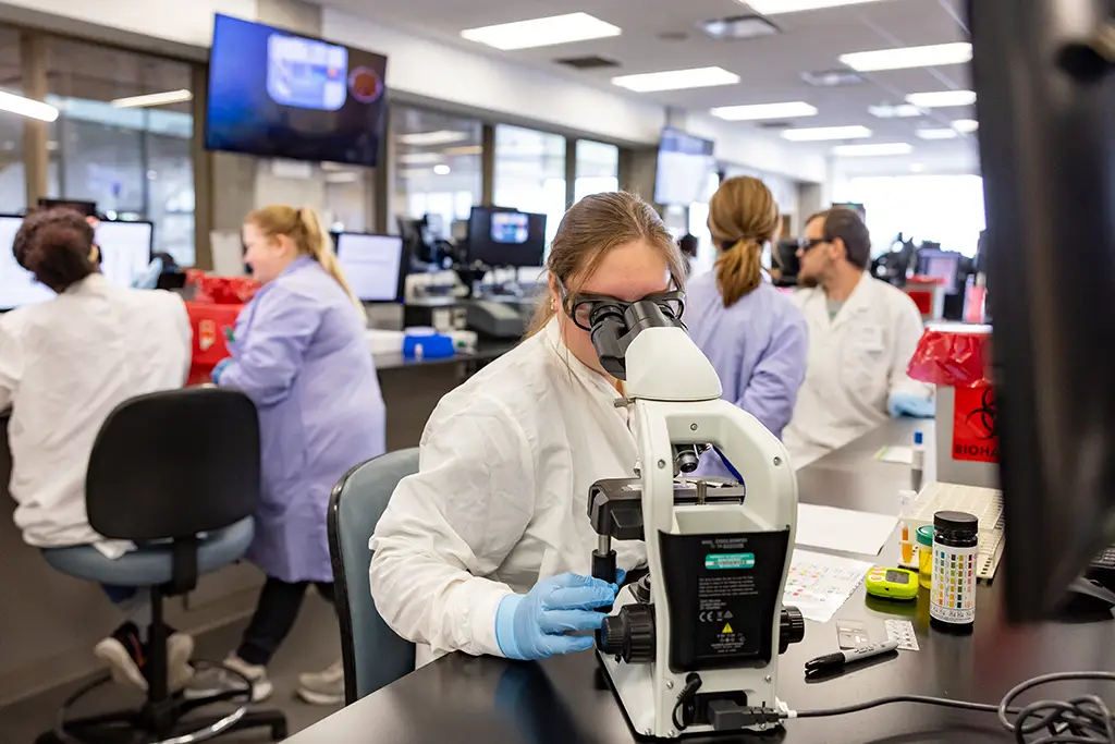 A Molecular Diagnostics Technologist examining a culture sample for genetic or molecular markers to ensure accurate clinical results.