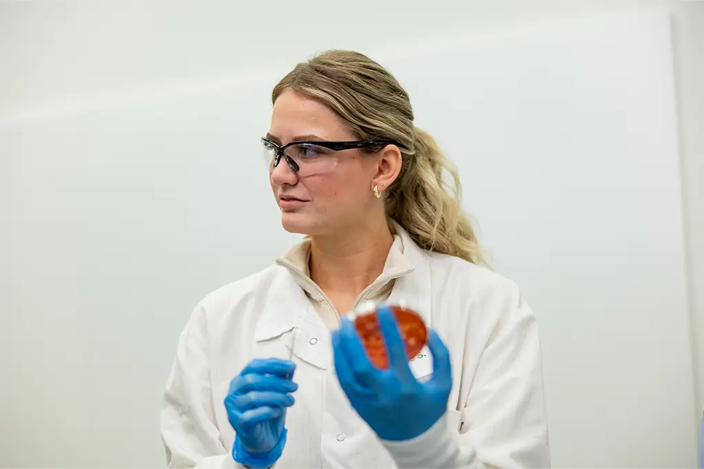 A medical laboratory professional holding a microbiology petri dish, illustrating the daily hands-on diagnostic work of MLS and MLT roles