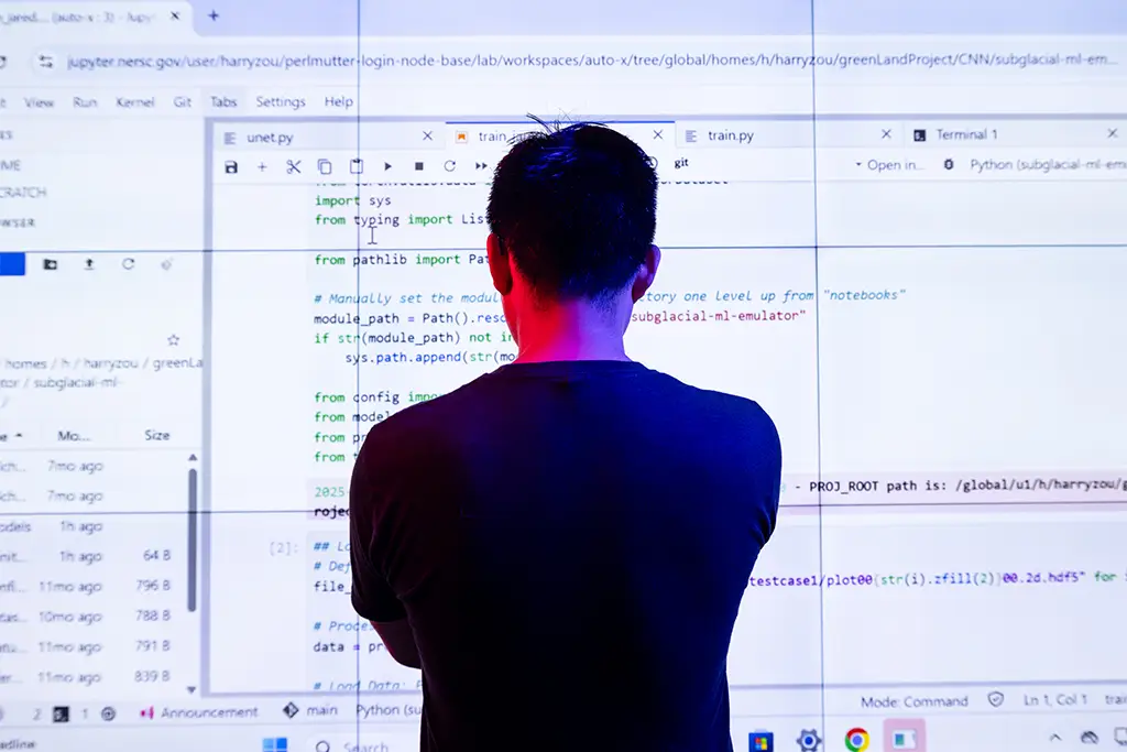 Person viewing code on a large screen, representing data modeling and predictive analytics development.