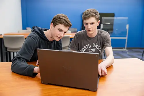 Twin brothers John and Ryan Bergum sit at table and look at an open laptop.