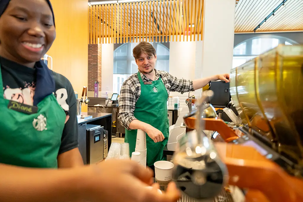 chase working at starbucks on campus