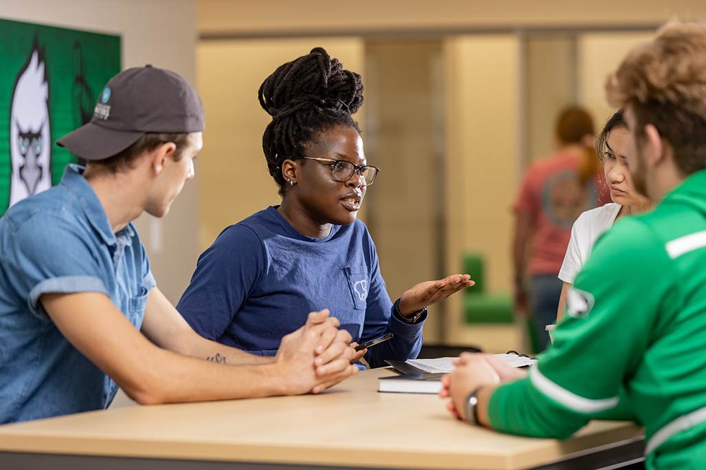 Woman speaking to group at table