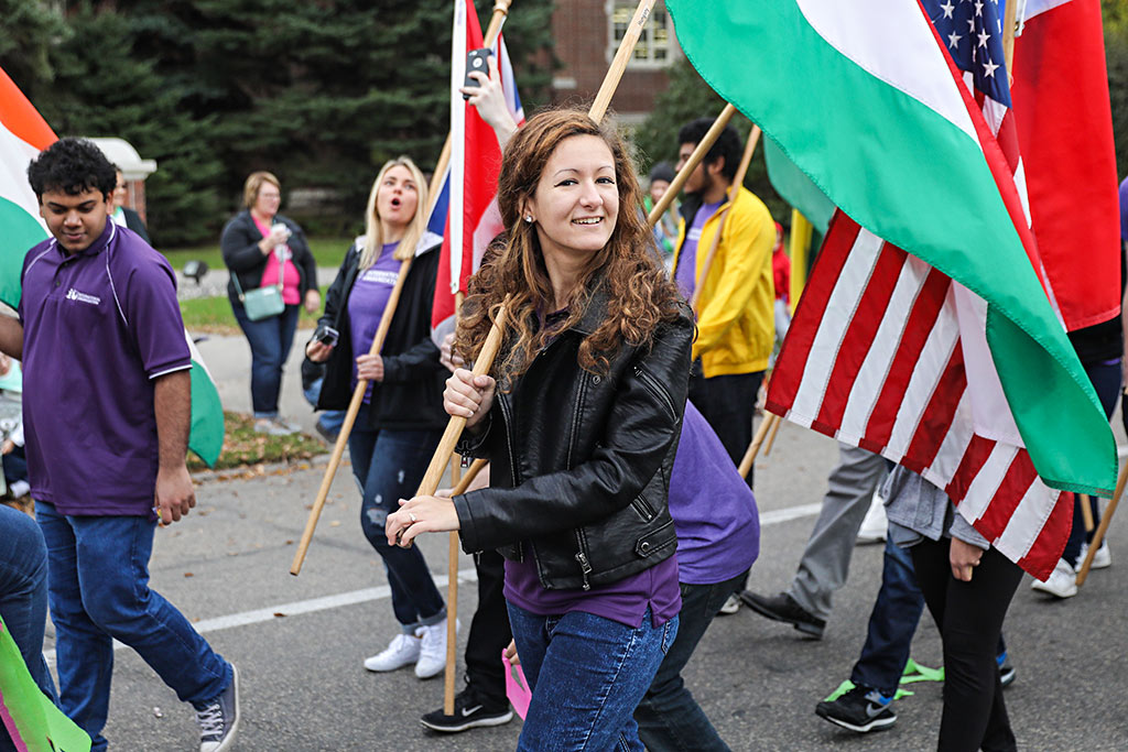 Zsofia Barandi represents Hungary in the UND Homecoming Parade.