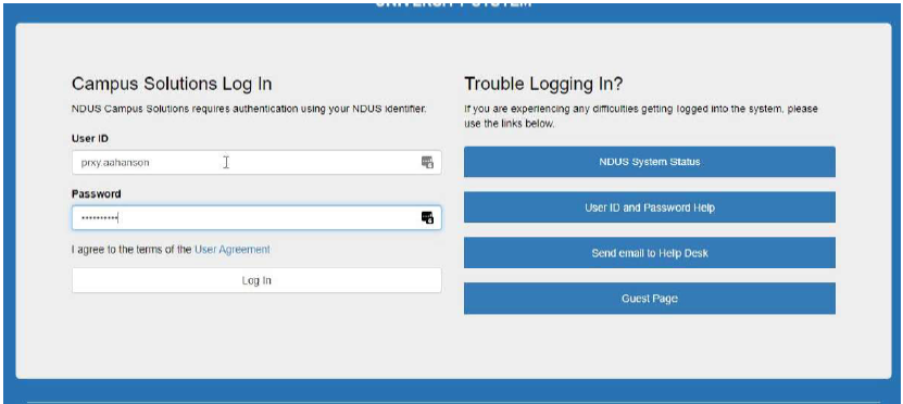 Campus Solutions login page with User ID and masked Password fields on the left and troubleshooting links on the right.