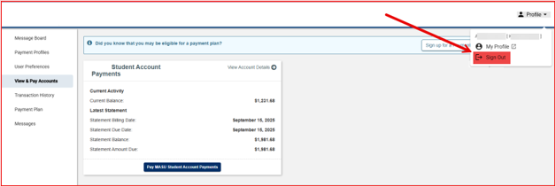 Student account payment webpage with a red arrow pointing to the “Sign Out” option.