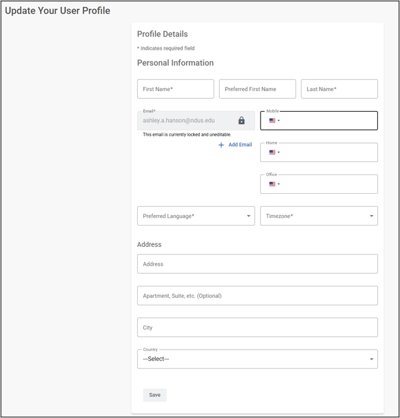 Screenshot of an “Update Your User Profile” form with personal information.