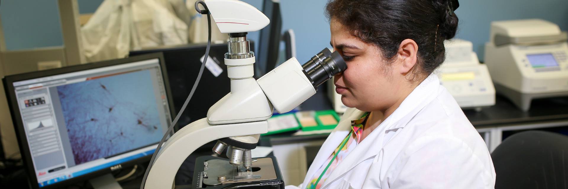 biomedical sciences student at microscope