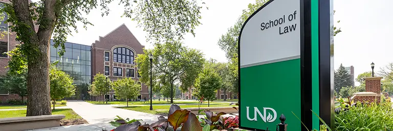 Sign and exterior of UND School of Law
