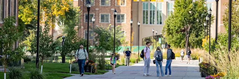 students walking through path on UND campus