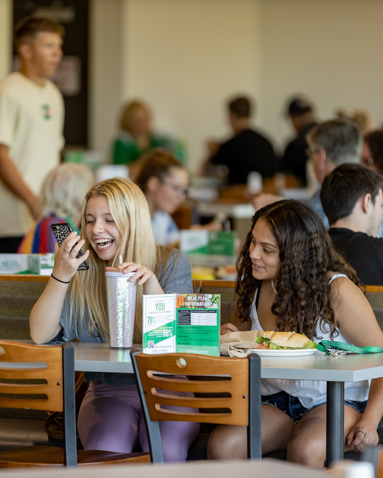 students sitting with friends in wilkerson dining center