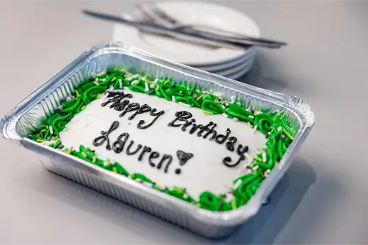 Decorated, personalized birthday cake for a student