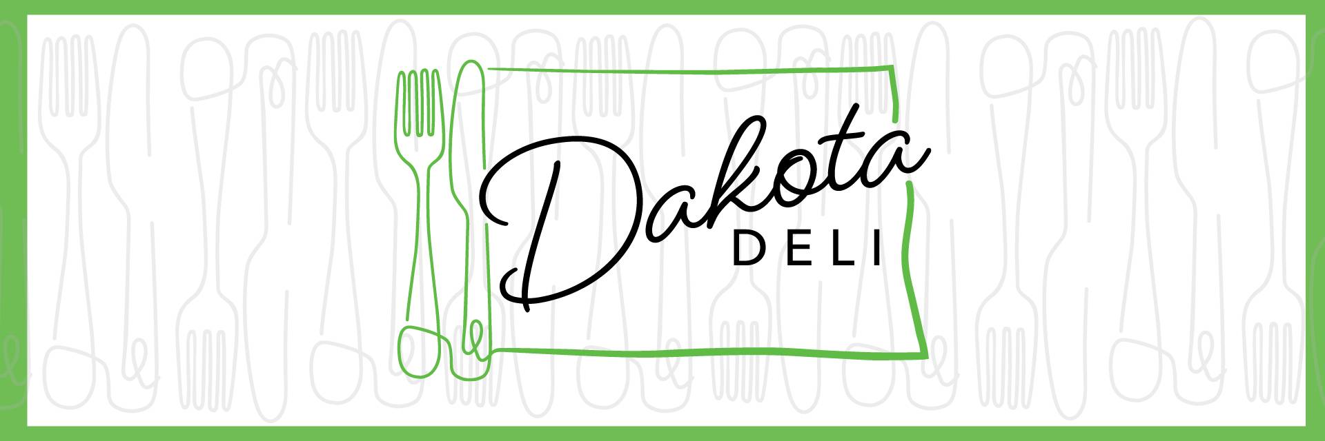 the dakota deli logo that's the outline of north dakota with utensil illustrations behind it