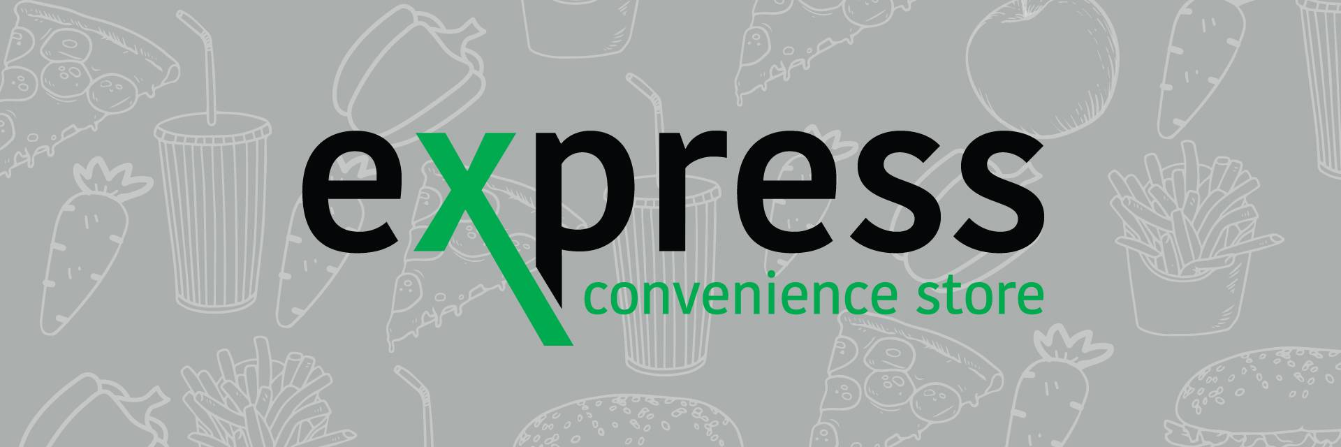 express convenience store logo with food illustrations behind it