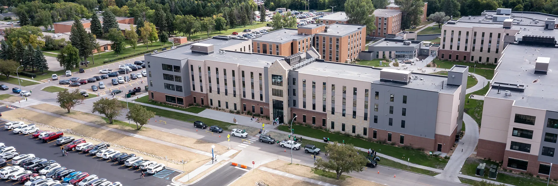 aerial exterior of wilkerson complex residence halls centering on McVey Hall