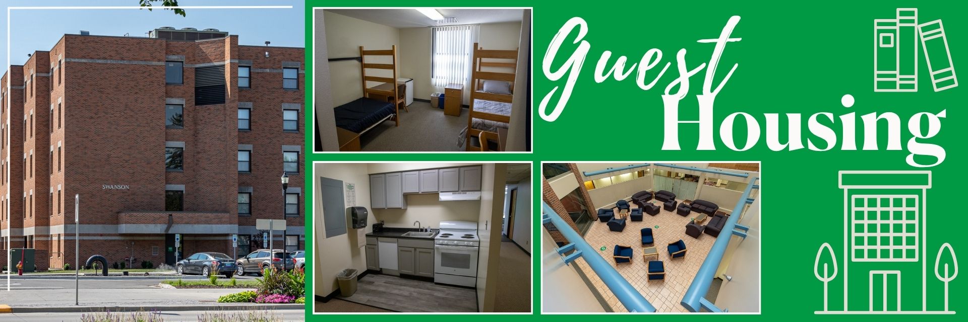 Photos of the outside of Swanson Hall, inside a room, the kitchen with stove and microwave as well as a lounge with study space and chairs.
