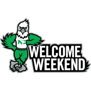 Welcome Weekend logo with hawk leaning on block letters.