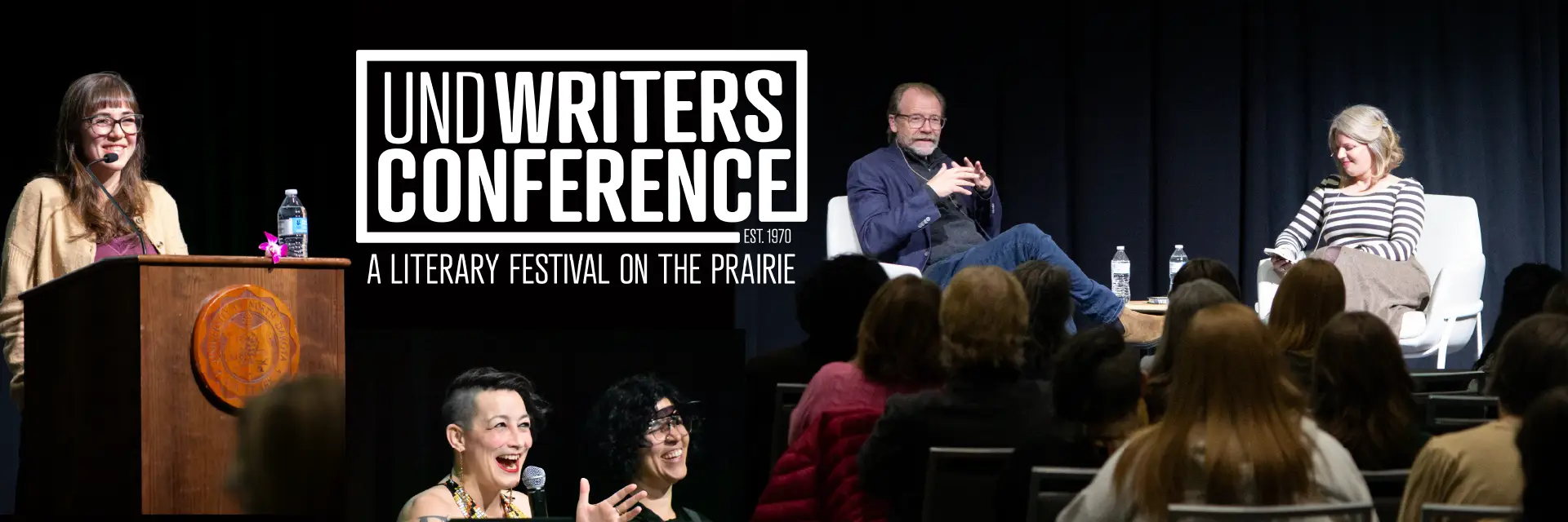 UND Writers Conference logo with photos of featured authors including Megan Kamalei Kakimoto, Maria Dahvana Headley, Ananda Lima, George Saunders, and Amber Sparks